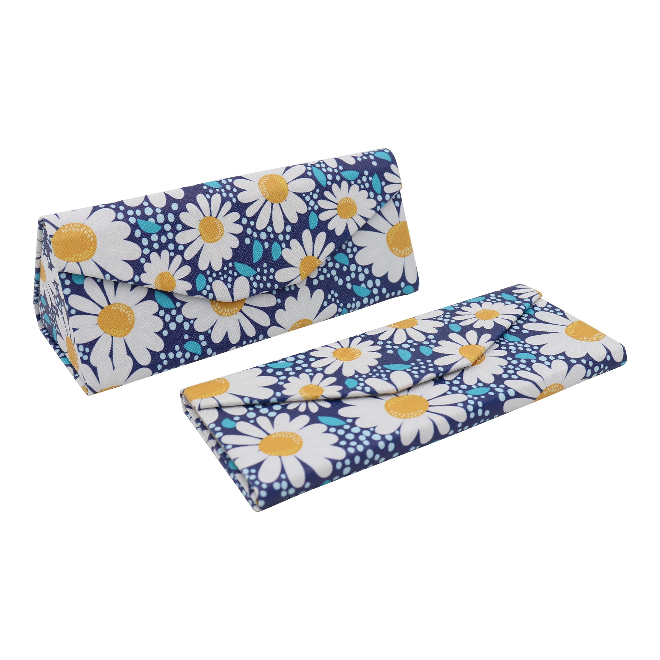 Chamomile flower design on a Real Sic Daisy vegan leather folding glasses case with magnetic closure for sunglasses or eyeglasses.