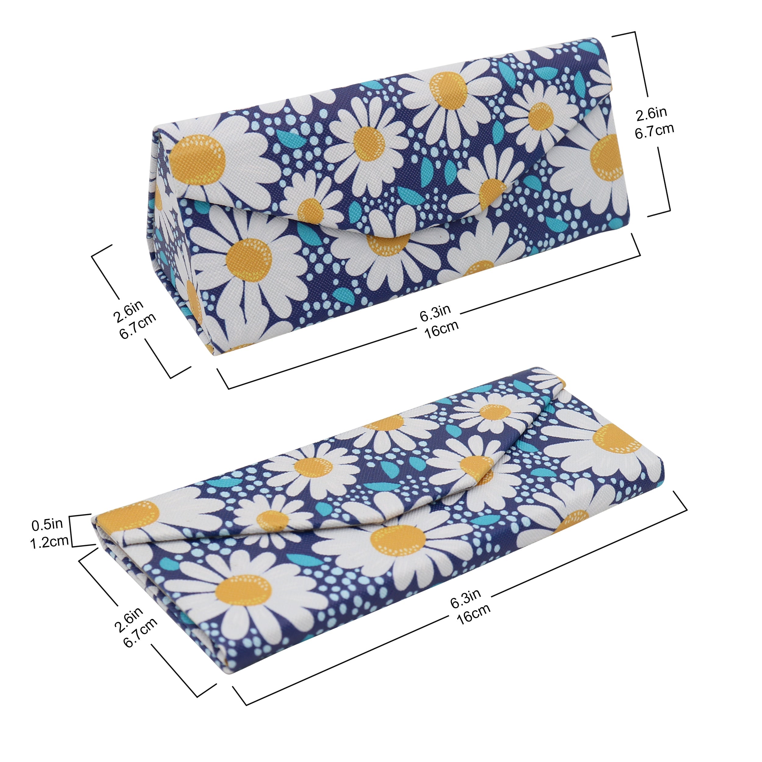 Chamomile flower design on a chamomile-colored vegan leather folding glasses case with magnetic closure by Real Sic.