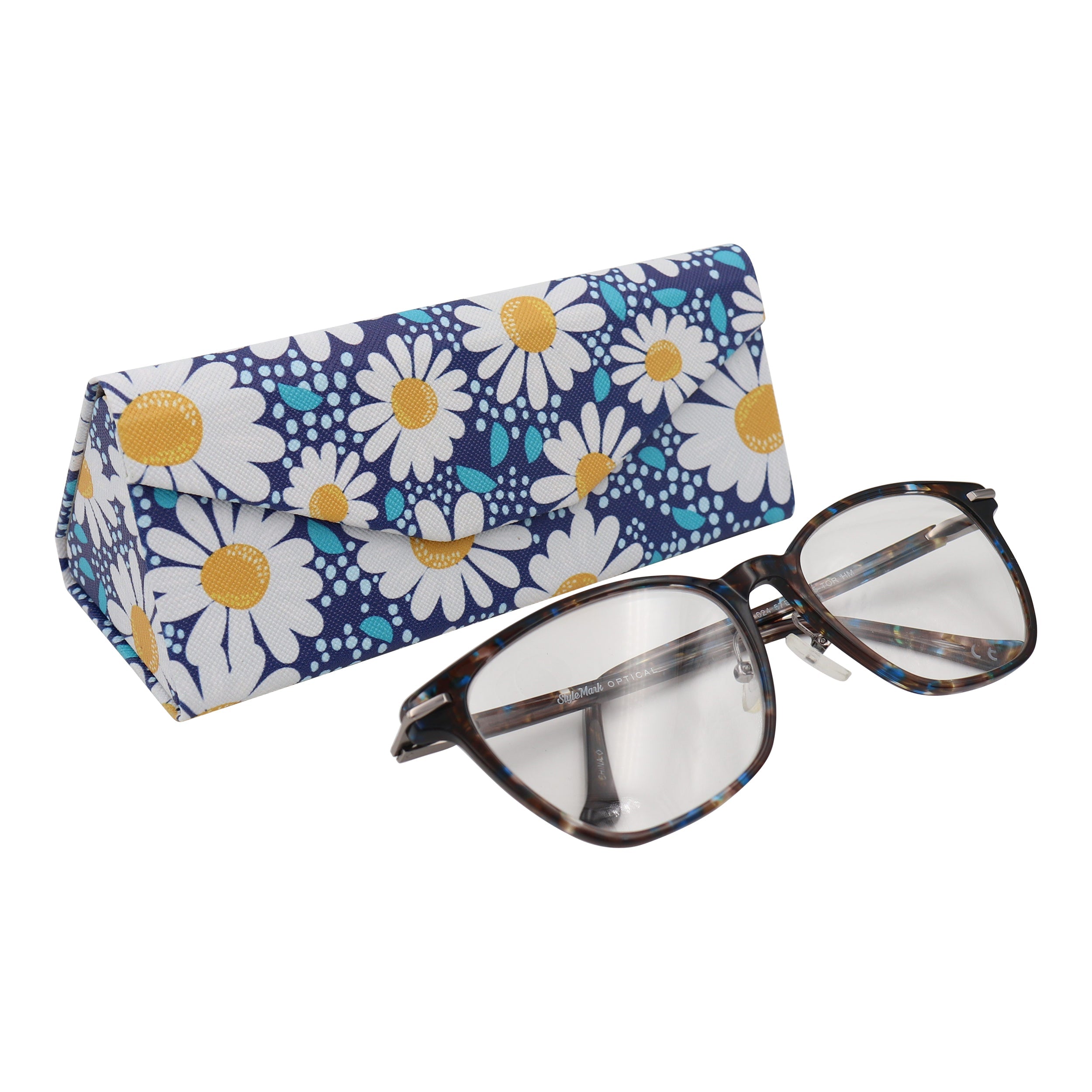 Chamomile flower design on Real Sic Daisy vegan leather folding glasses case with magnetic closure for sunglasses or eyeglasses.