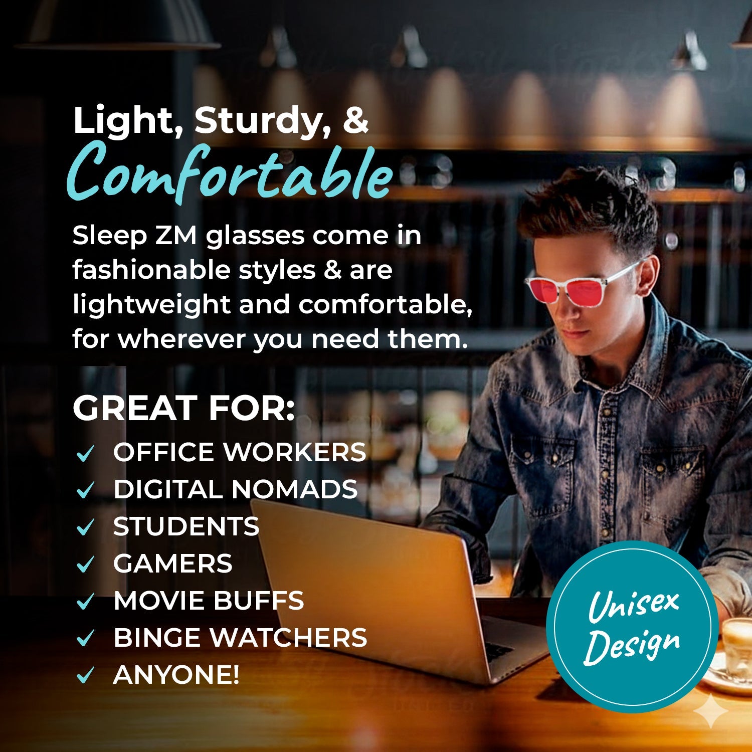Blue Light Glasses by Sleep ZM, crystal wayfarer style with blue light blocking lenses, designed for night-time use.