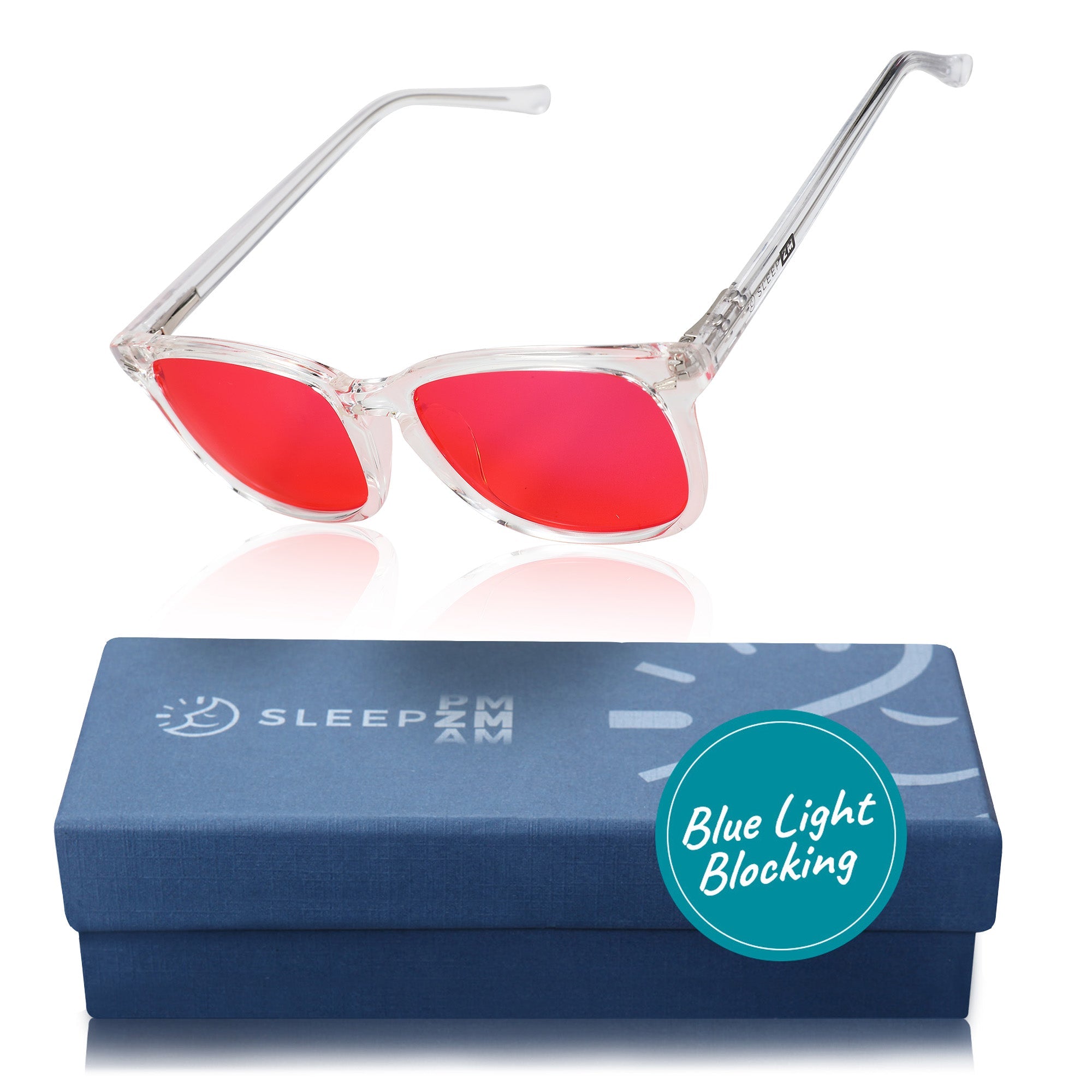 Blue Light Glasses by Sleep ZM, crystal wayfarer style with red accents, designed for night-time use and blue light blocking.