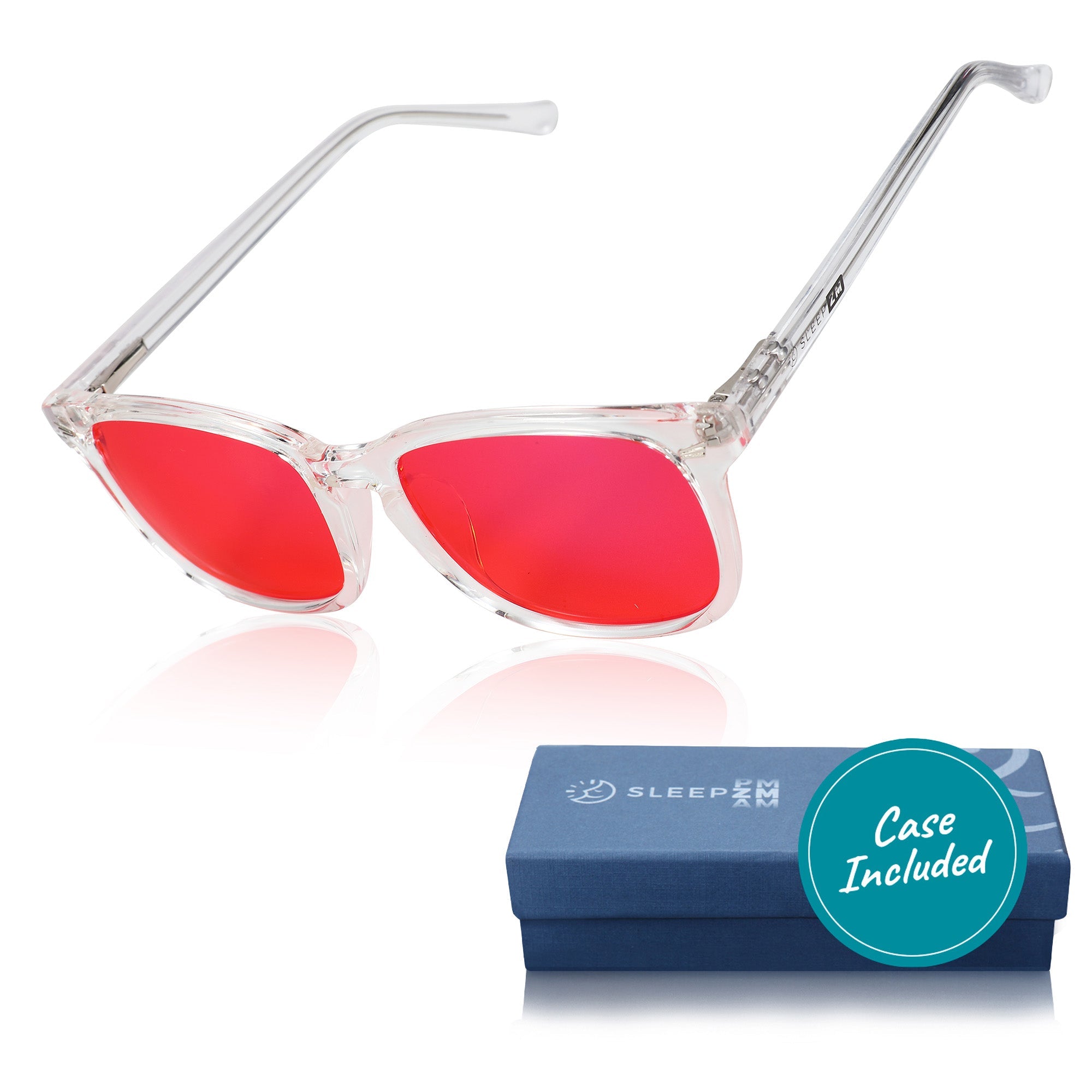 Blue Light Glasses by Sleep ZM, crystal wayfarer style with red accents, designed to block blue light and reduce eye strain.