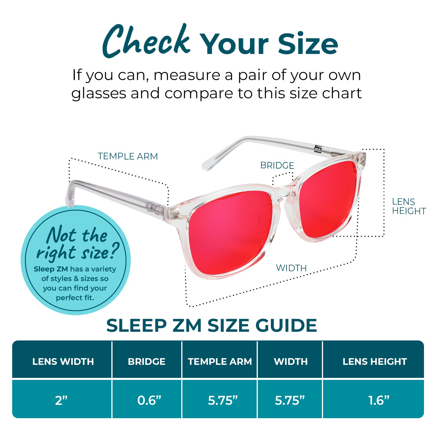 Blue Light Glasses by Sleep ZM, crystal Wayfarer style with red size chart, designed for night-time use and blue light blocking.