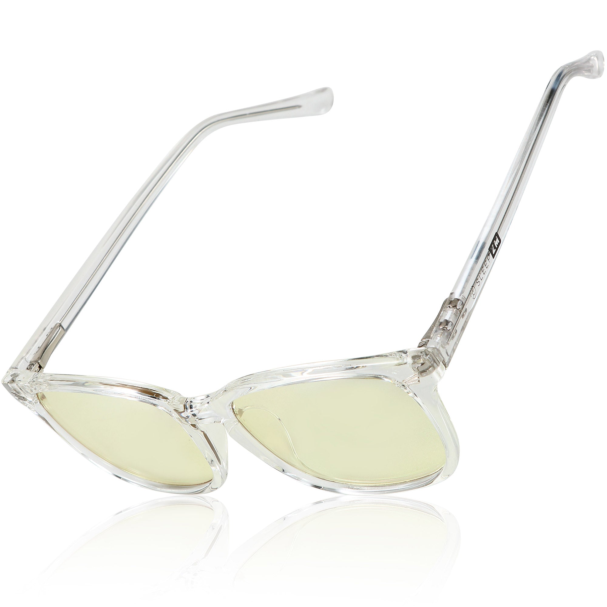 Blue Light Glasses by Sleep ZM with yellow-tinted crystal lenses and wayfarer frame designed for computer screen protection.