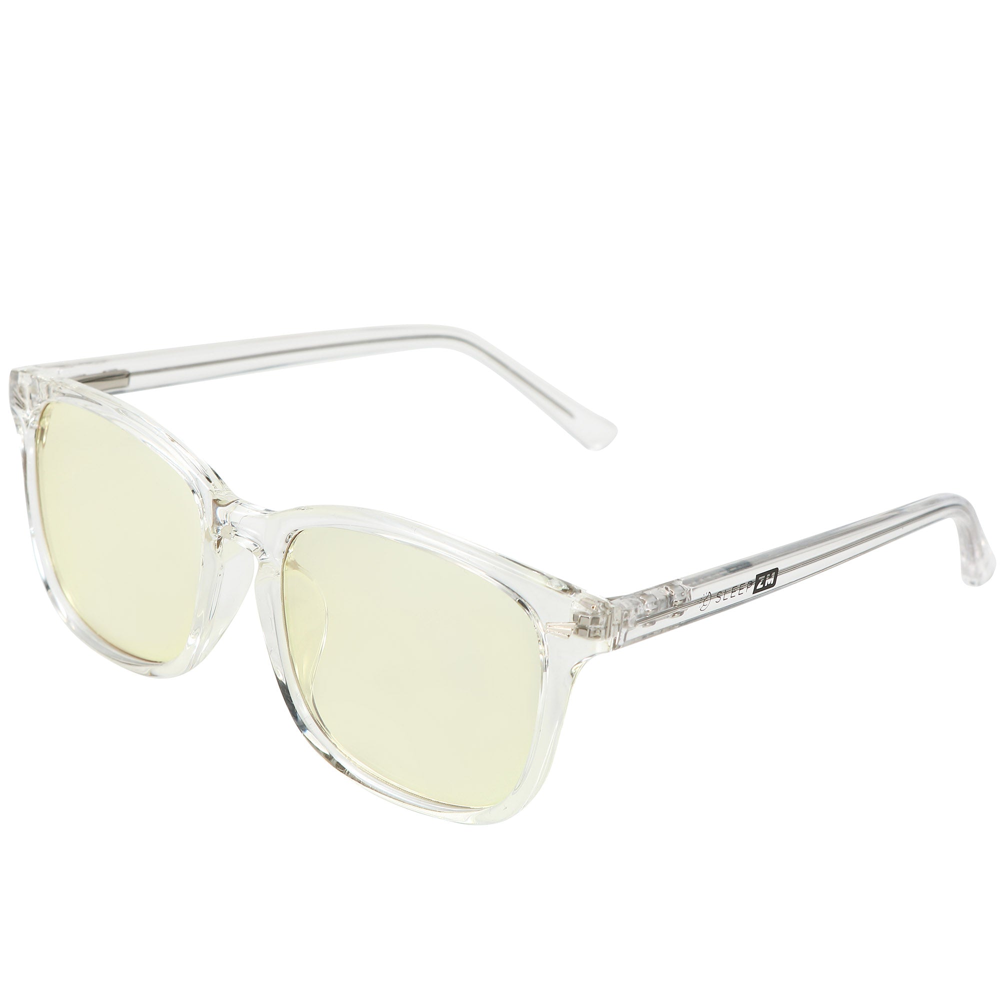 Blue Light Glasses by Sleep ZM with yellow-tinted crystal lenses and Wayfarer frame designed for daytime computer use.