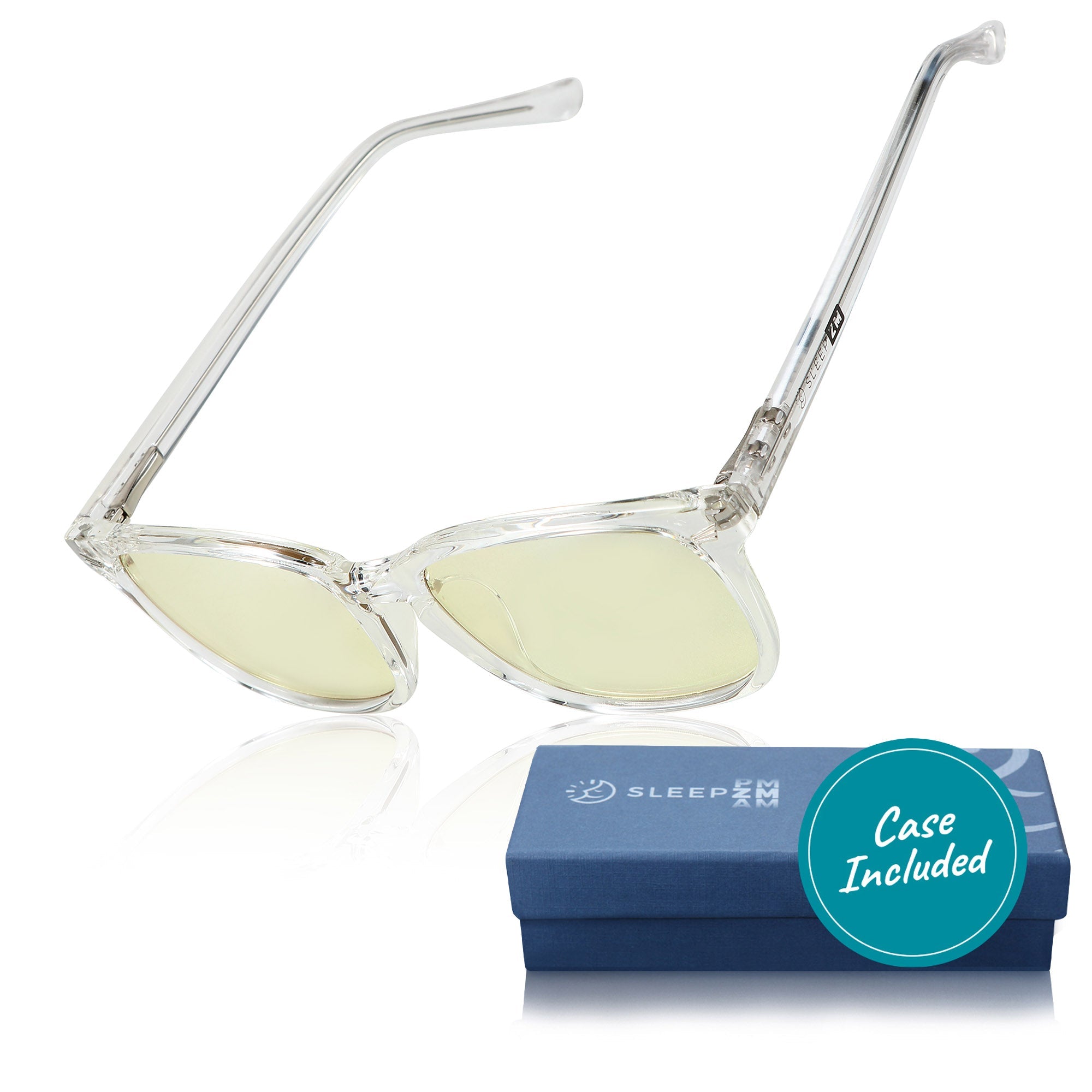 Blue Light Glasses by Sleep ZM with crystal yellow lenses, daytime-wayfarer style computer glasses for screen protection.