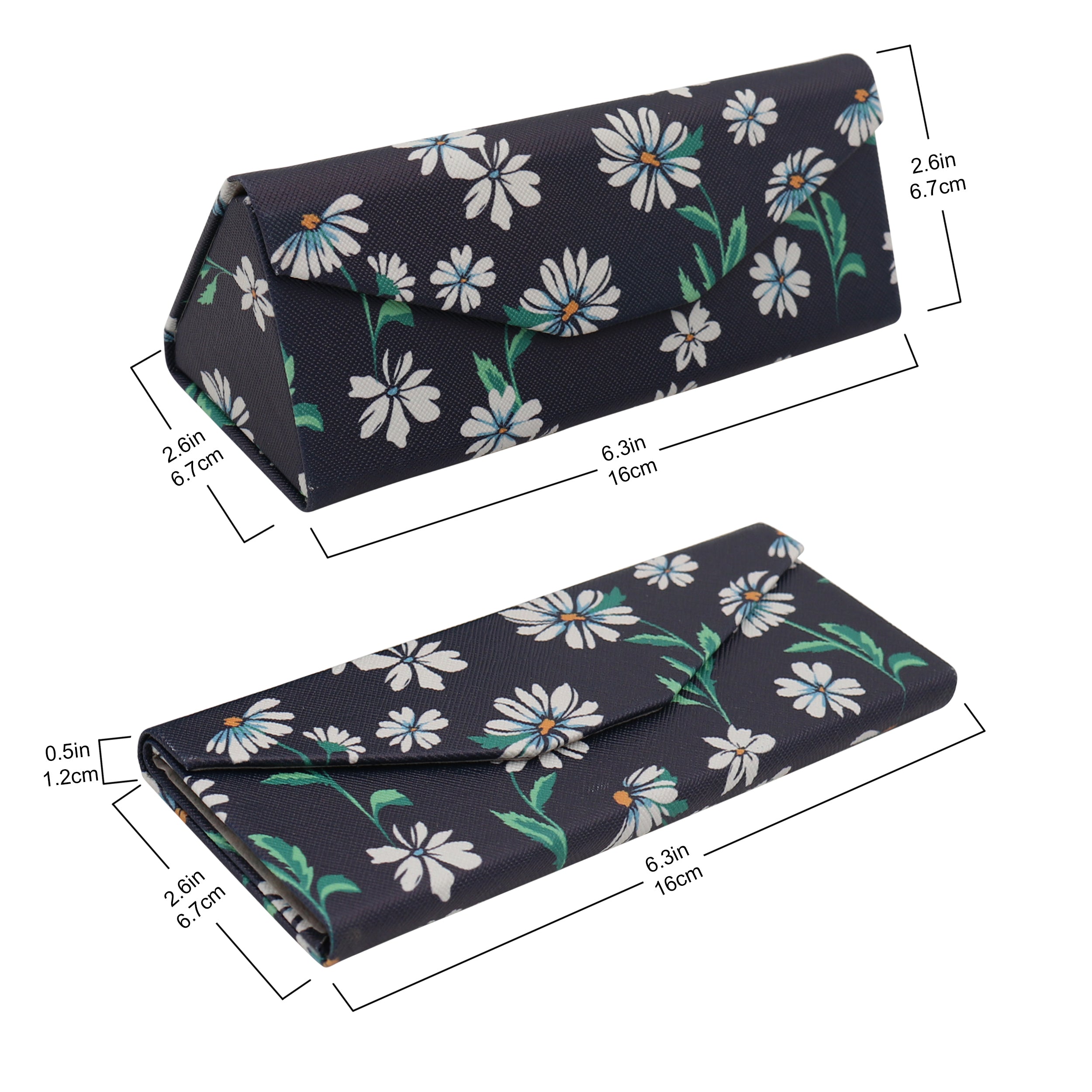 Daisy flower design chamomile vegan leather folding glasses case by Real Sic with magnetic closure and hard protective structure