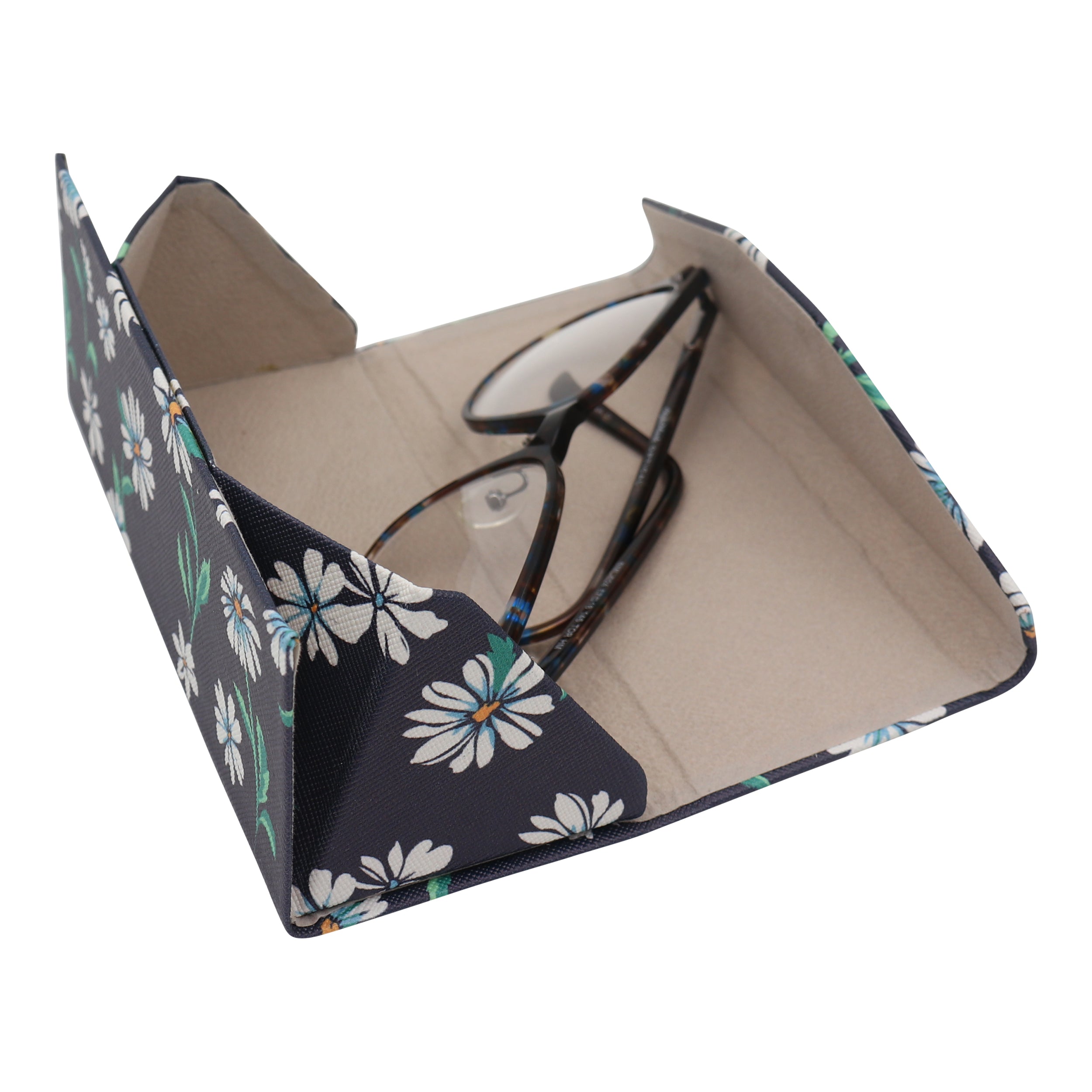 Daisy flower design chamomile vegan leather folding glasses case with magnetic closure for sunglasses or eyeglasses.