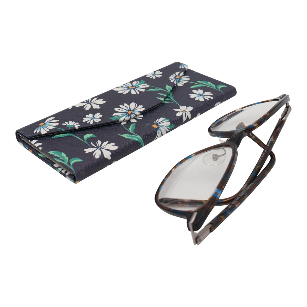 Real Sic chamomile vegan leather folding glasses case with daisy flower design for sunglasses and eyeglasses.