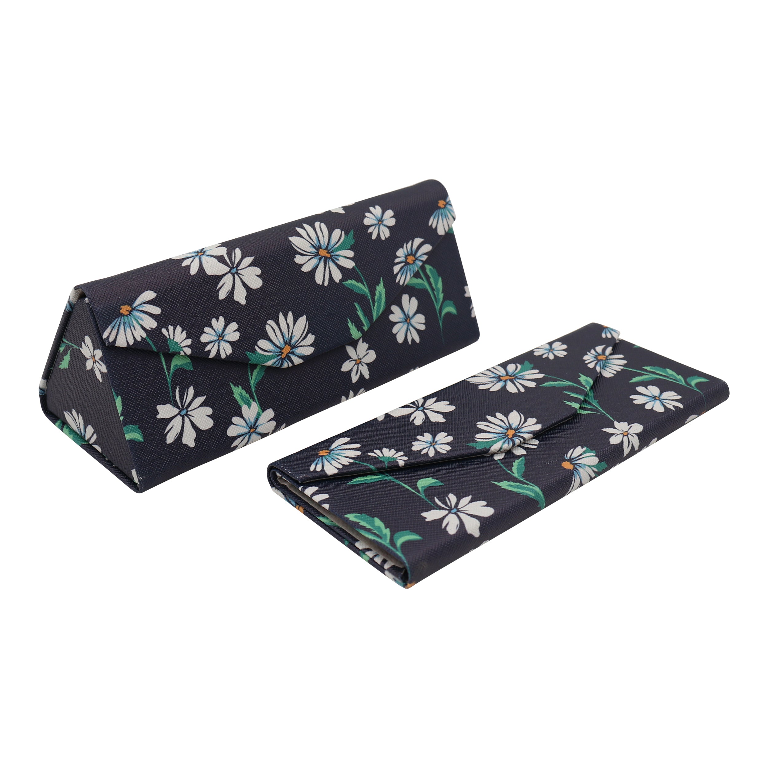 Chamomile vegan leather folding glasses case with magnetic closure, featuring a daisy flower design for sunglasses and eyeglasses.