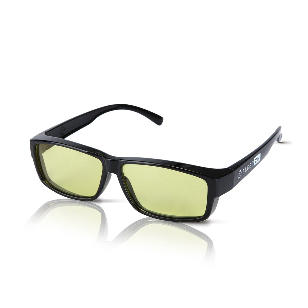 Black DaytimeMax Fit Over Blue Blocking Glasses by Sleep ZM, designed for eye protection from blue light exposure.