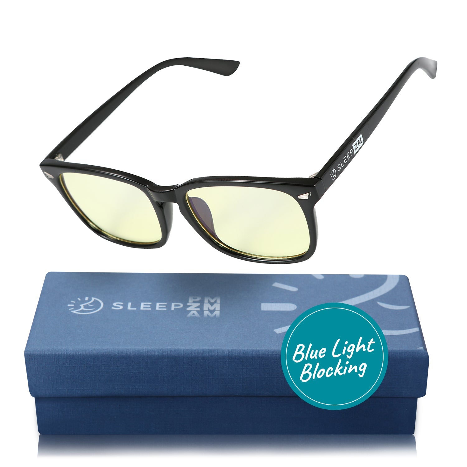 Black DaytimeMax Wayfarer Blue Light Glasses by Sleep ZM with clear lenses for blocking blue light and reducing eye strain.