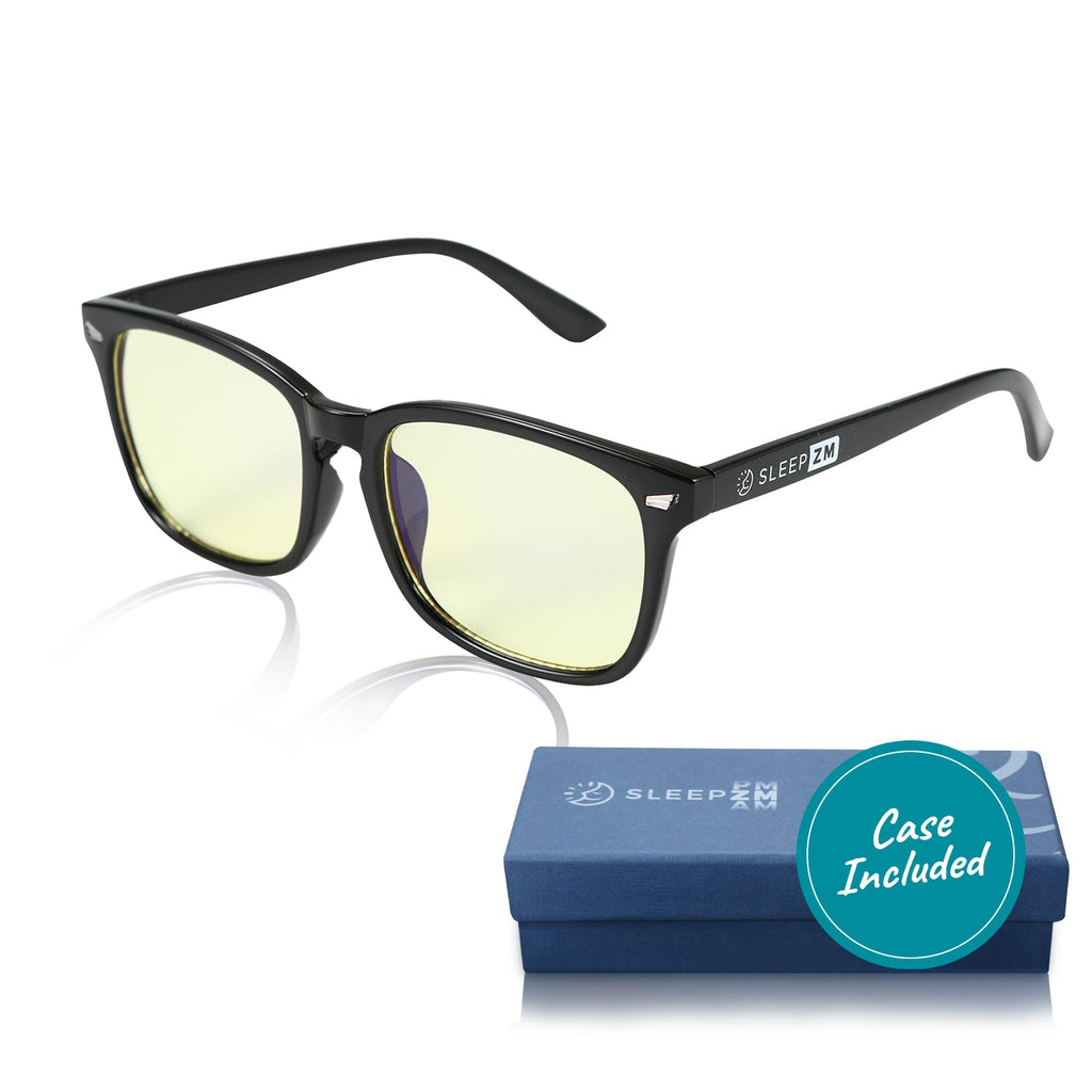 Black DaytimeMax Wayfarer blue light blocking glasses by Sleep ZM with rectangular frames and clear lenses for digital screen protection.