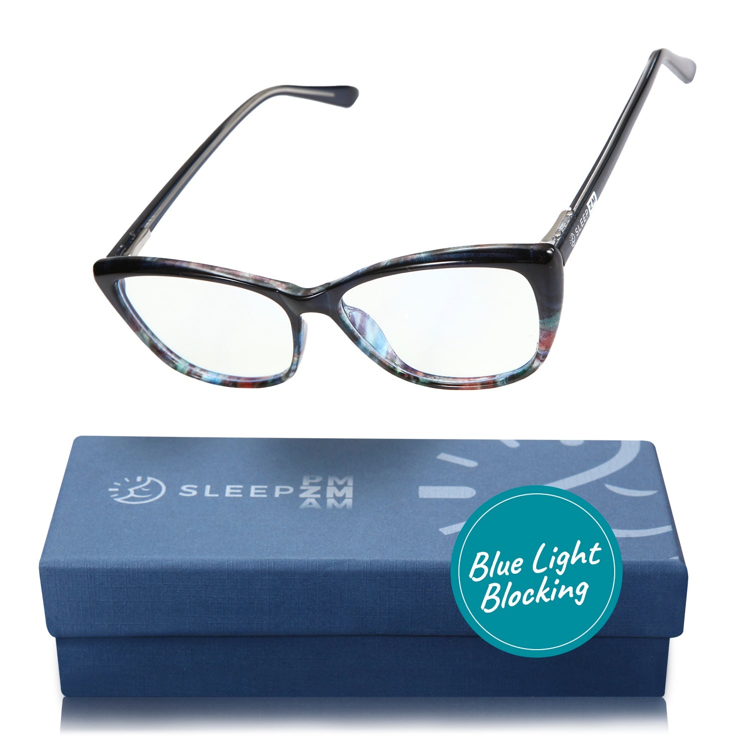 Blue Light Glasses by Sleep ZM, daytime Mystic Blue Light Computer Glasses with blue-tinted lenses on a white background.