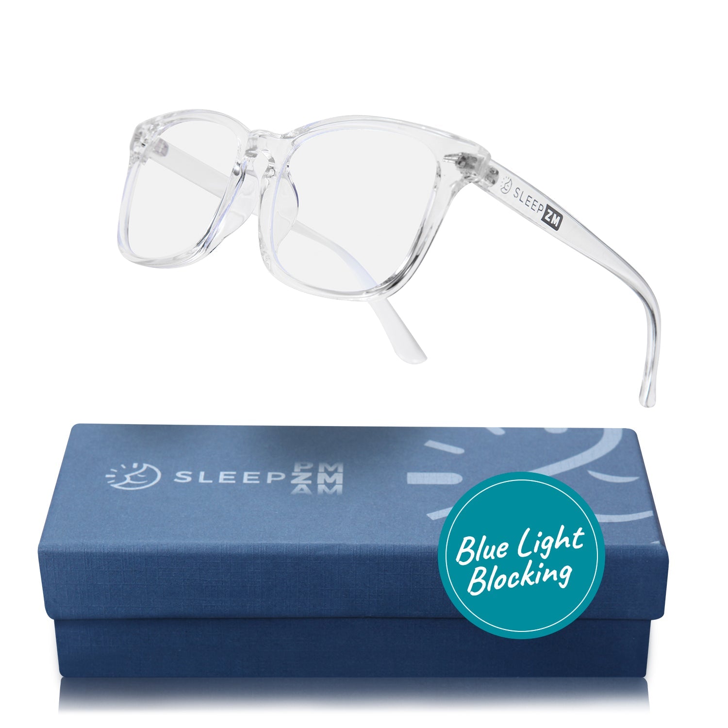 Blue Light Glasses by Sleep ZM, daytime wayfarer style, crystal frame, designed for computer use and eye protection.