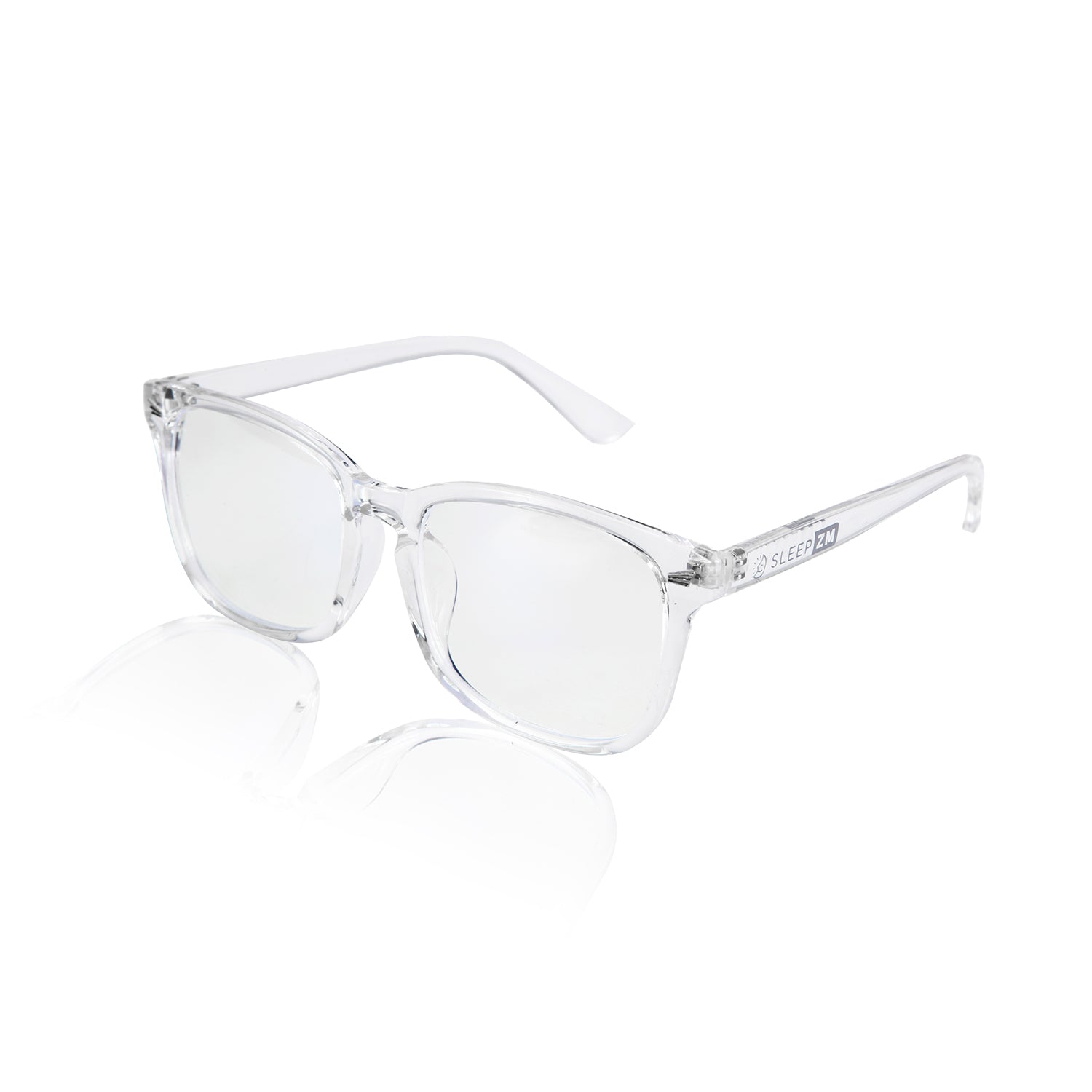 Blue Light Glasses by Sleep ZM, daytime wayfarer style with crystal frames designed for computer use, reducing blue light exposure.