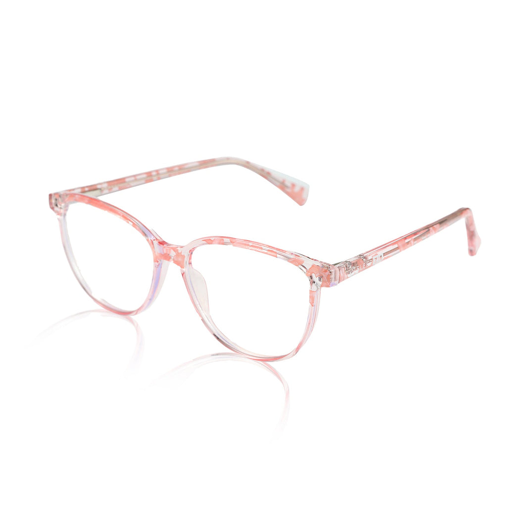 Pink Warrior Daytime Wayfarer Blue Light Glasses by Sleep ZM, stylish blue light glasses with pink frames for computer use.