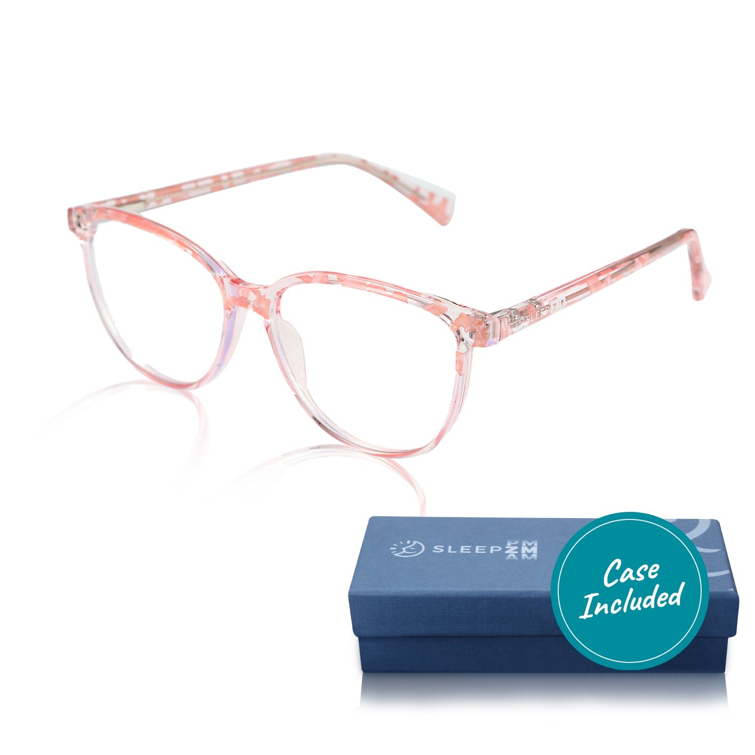 Blue Light Glasses by Sleep ZM, daytime wayfarer style in pink, designed to block blue light from computer screens.