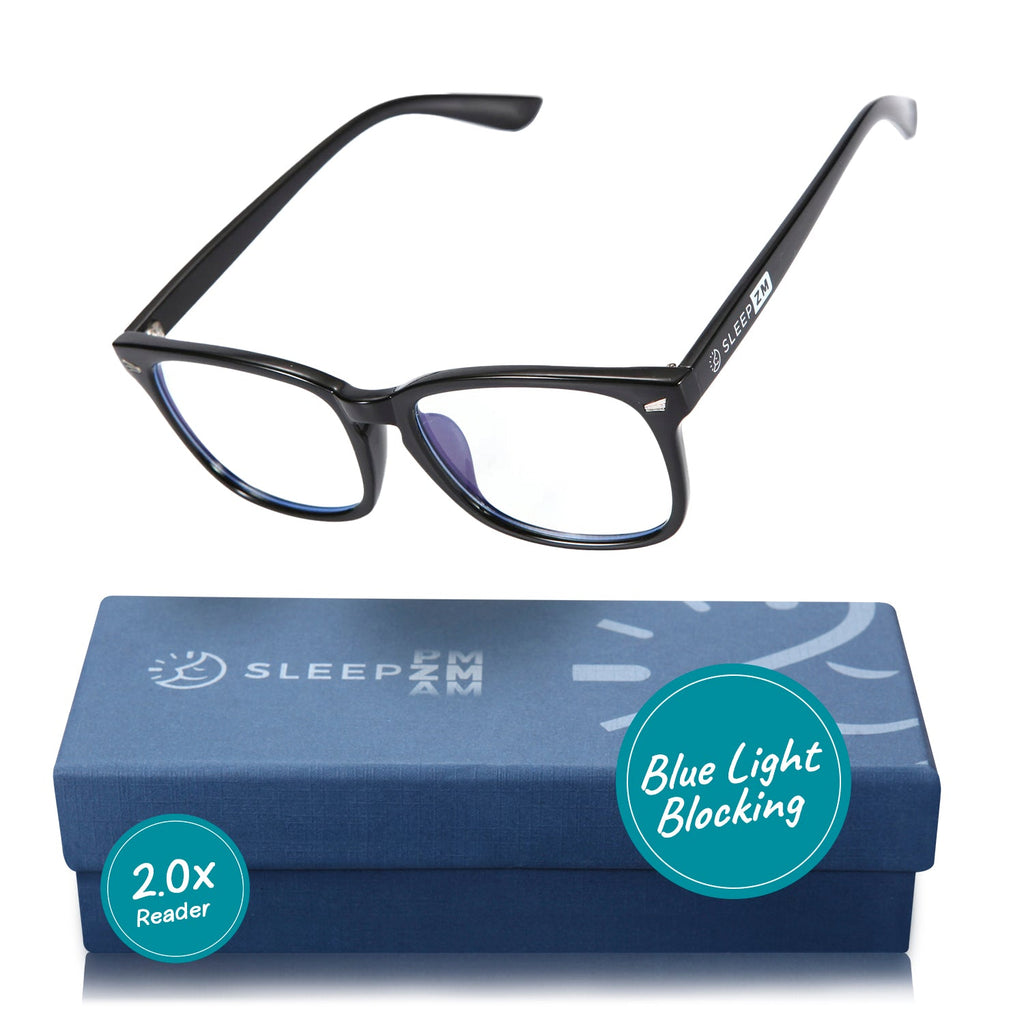 Blue Light Glasses by Sleep ZM in black Wayfarer style with 2.0x magnification, designed for daytime reading and screen protection.