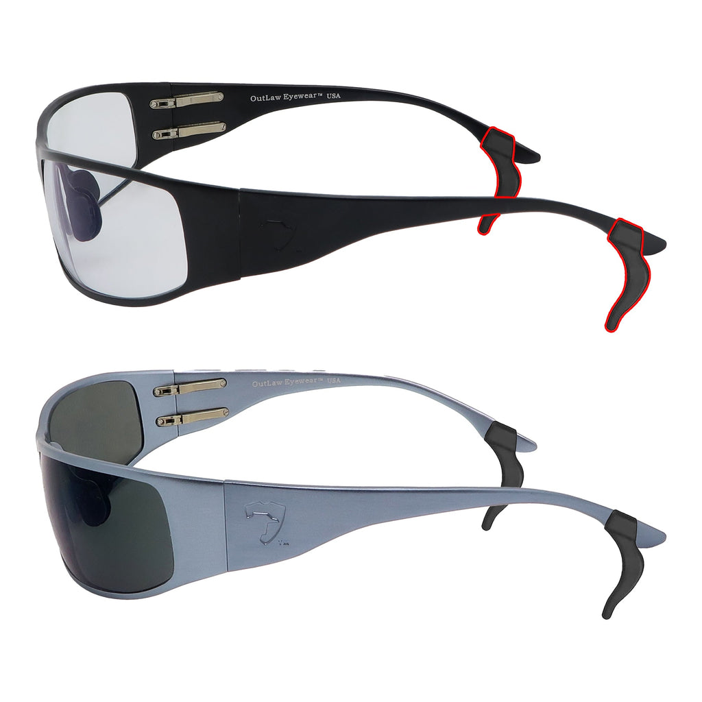 OutLaw Eyewear tactical glasses retaining cord and ear hook grips, shown in a two-pack with close-up of grip details.