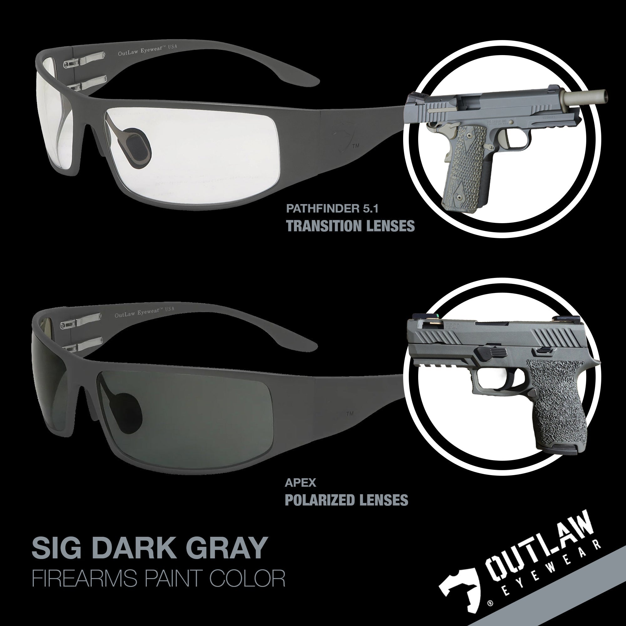 OutLaw Eyewear Fugitive TAC Sig Gray and Pathfinder 5.1 Transition Lens sunglasses with sleek design and polarized gray lenses.