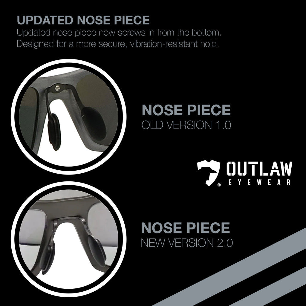 OutLaw Eyewear Fugitive TAC Sig Gray sunglasses with Pathfinder 5.1 transition lenses, showing the nose bridge and frame details.