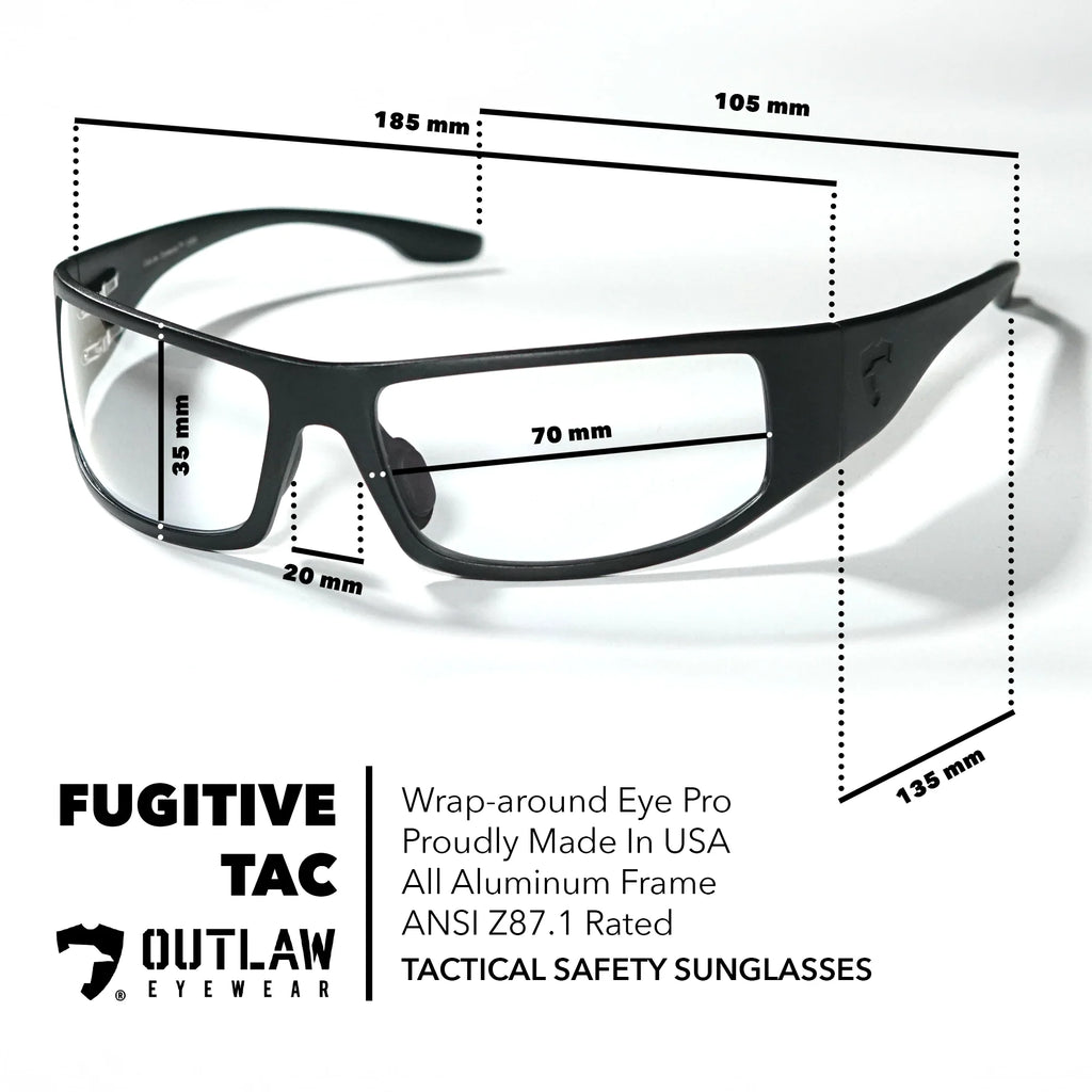 OutLaw Eyewear Fugitive TAC sunglasses with brushed gunmetal finish and polarized lenses, ANSI Z87.1-2015 safety certification.