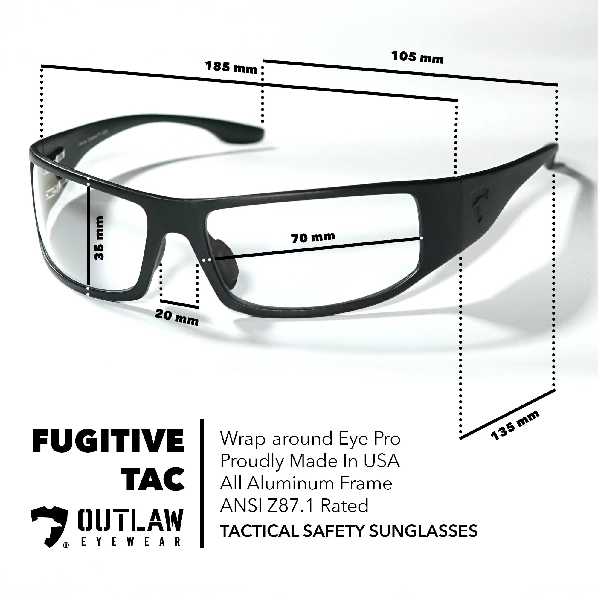 OutLaw Eyewear Fugitive TAC sunglasses with brushed gunmetal finish and polarized lenses, ANSI Z87.1-2015 safety certification.