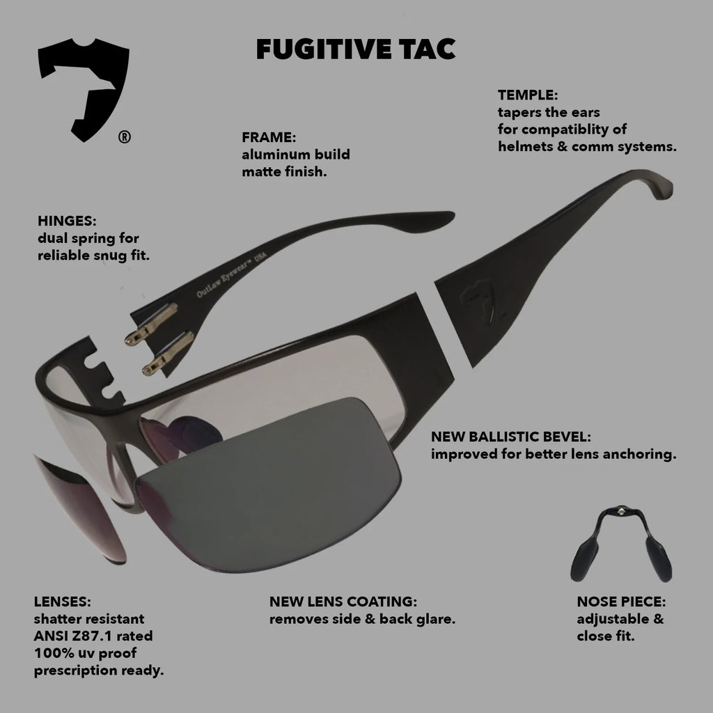 OutLaw Eyewear Fugitive TAC sunglasses with brushed gunmetal finish and polarized lenses, ANSI Z87.1-2015 safety standards.
