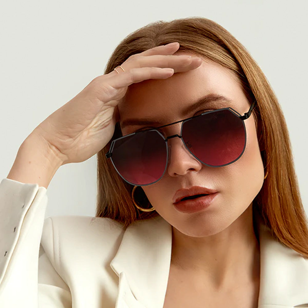 TopFoxx Farrah Black Frame Ruby Lens Square Aviator Sunglasses