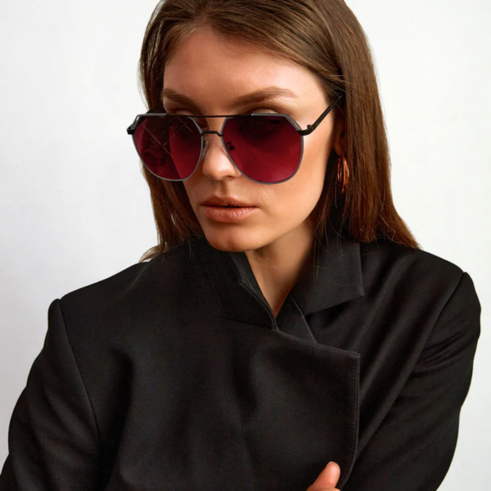 TopFoxx Farrah Black Frame Ruby Lens Square Aviator Sunglasses