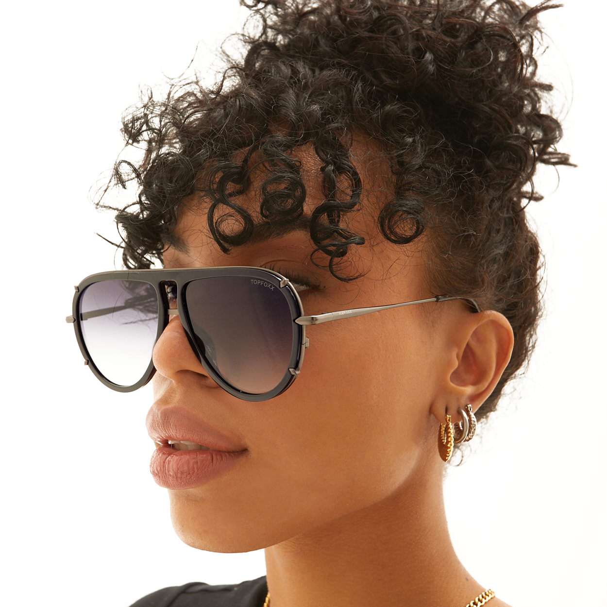 TopFoxx Ivy Luxe Black Tangle-Free Round Aviator Sunglasses