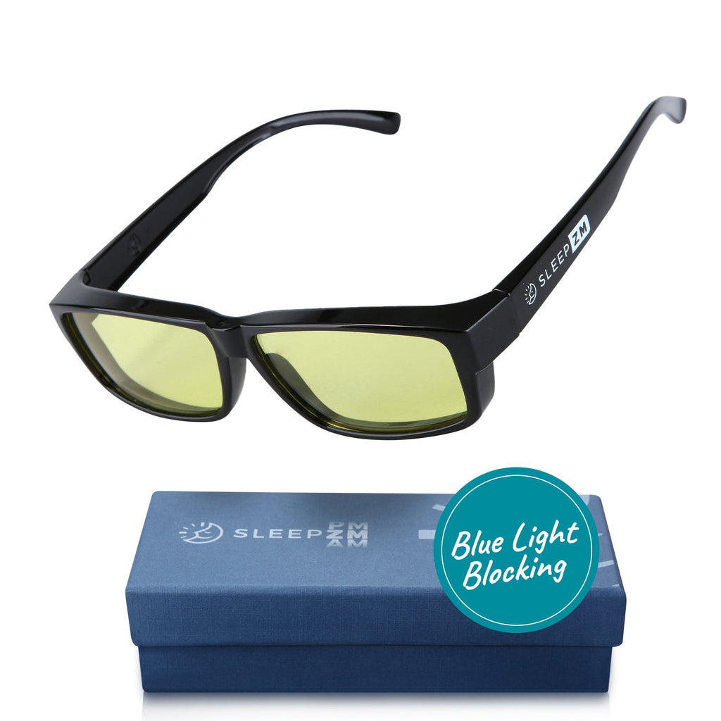 Black DaytimeMax Fit Over Blue Blocking Glasses by Sleep ZM, designed for daytime use to reduce blue light exposure.