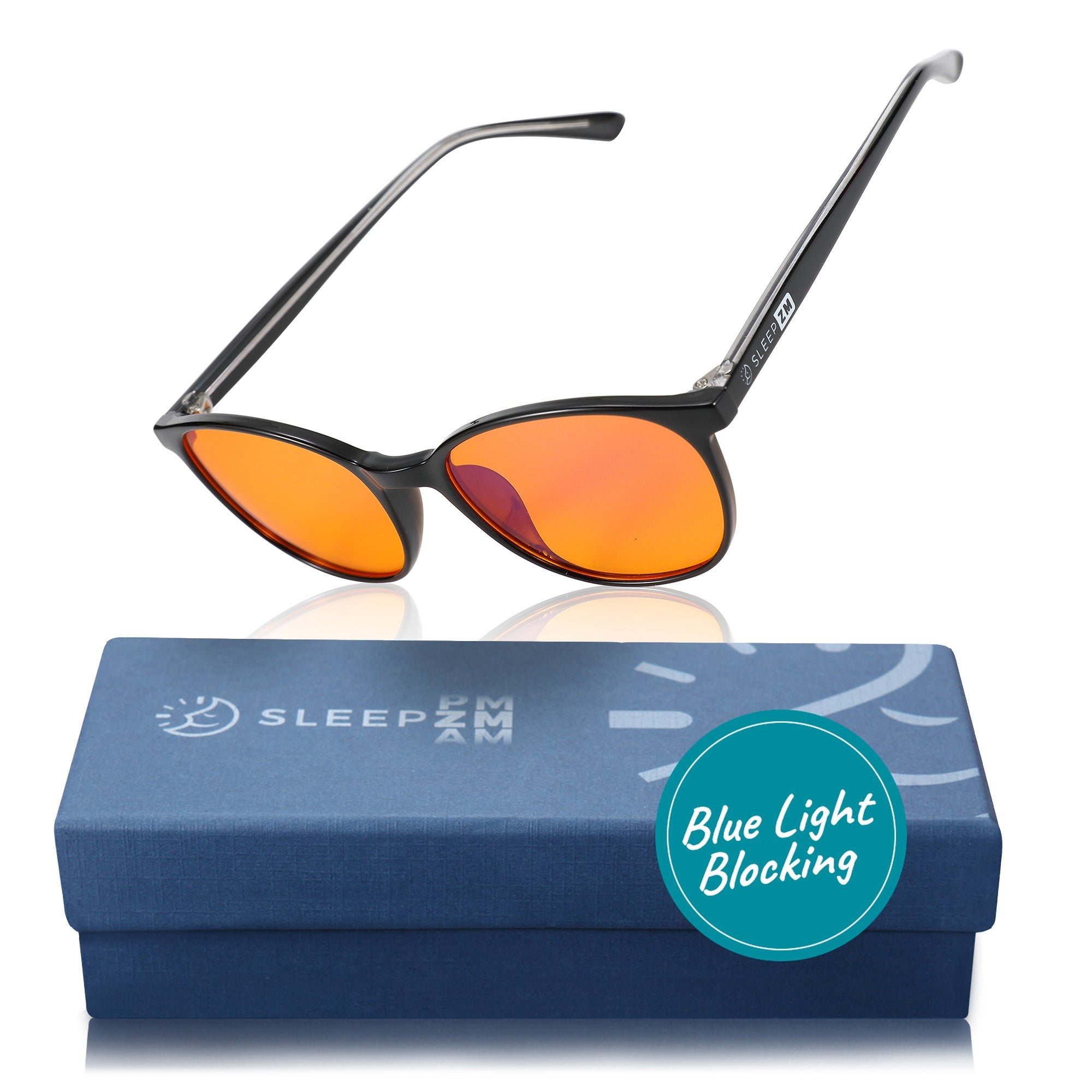 Blue light blocking glasses for kids in black by Sleep ZM, featuring orange accents and a comfortable fit for nighttime screen use.