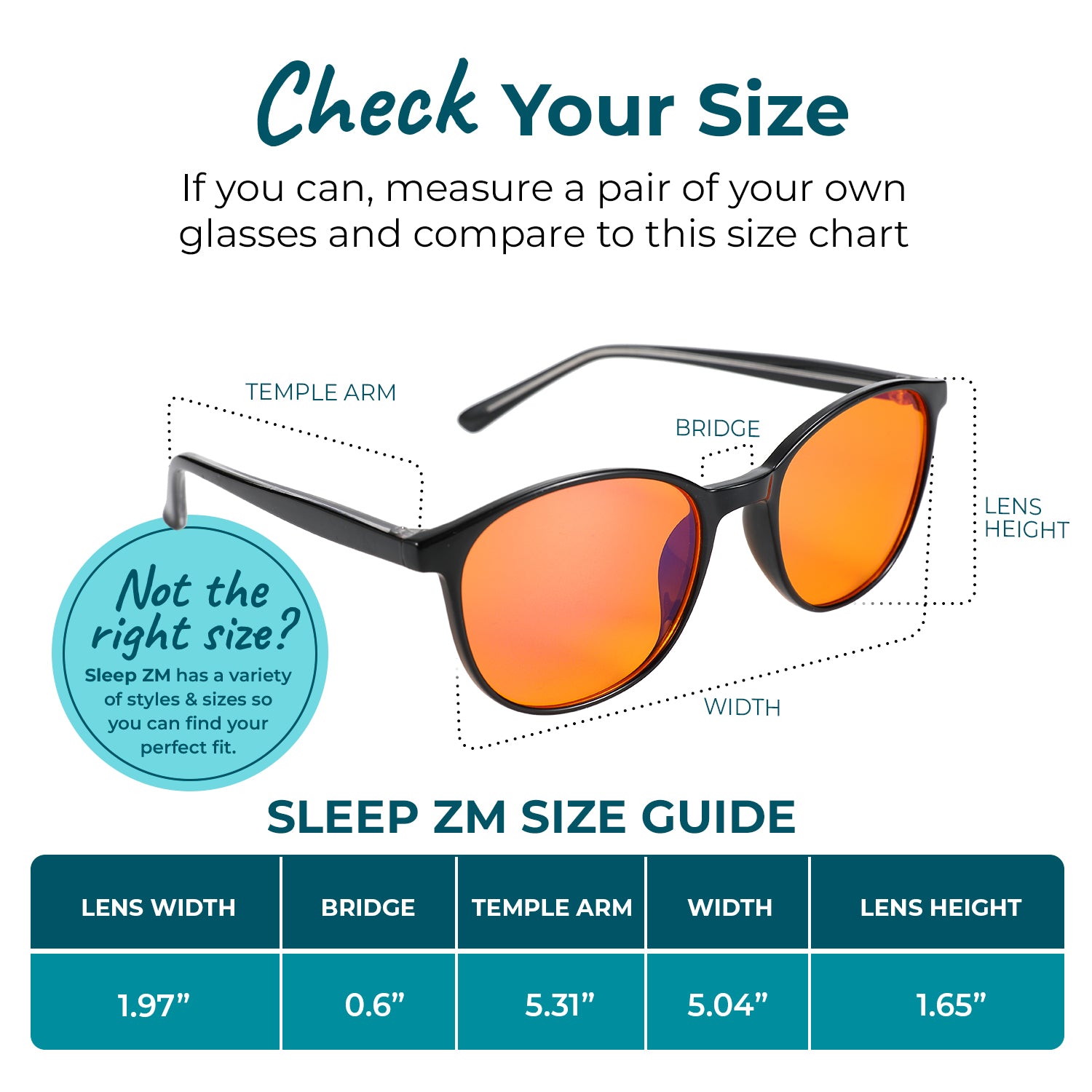 Blue light blocking glasses for kids by Sleep ZM, featuring black frames and a size chart for comfortable fit.