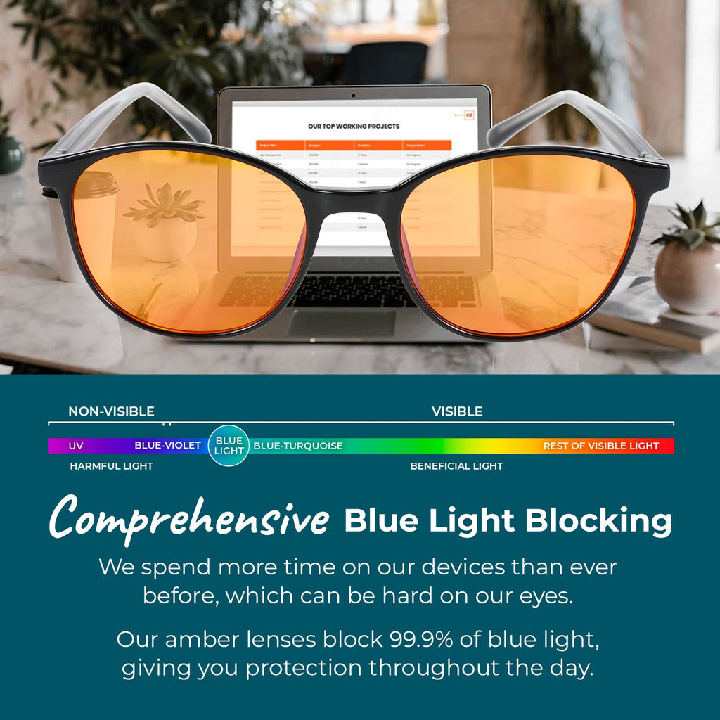 Blue Light Glasses for kids by Sleep ZM, black frames designed to block blue light during nighttime use.