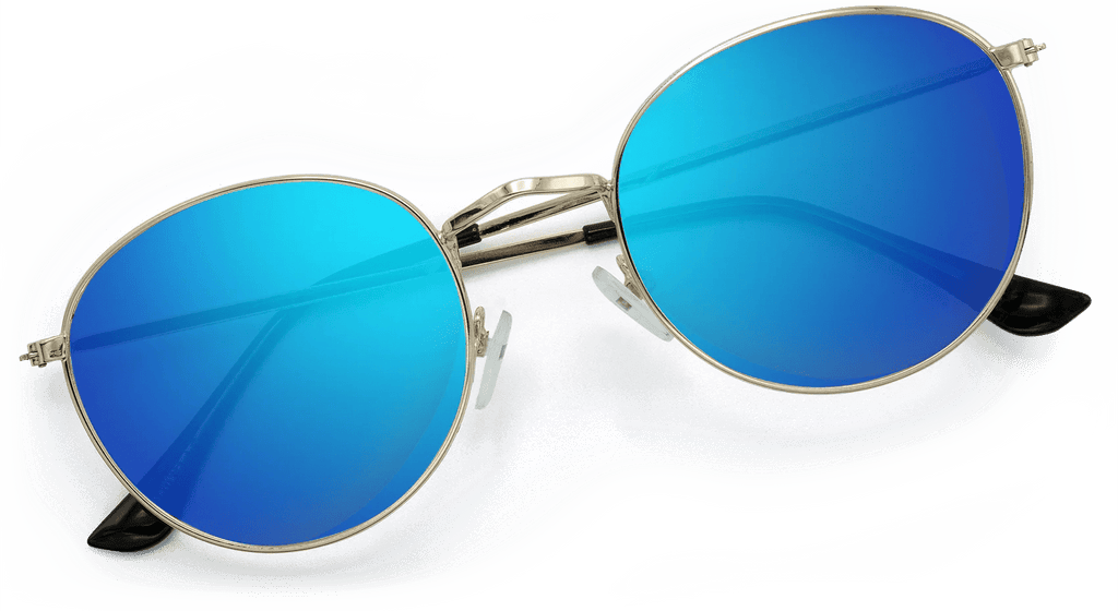 Round sunglasses with blue reflective lenses on a white background