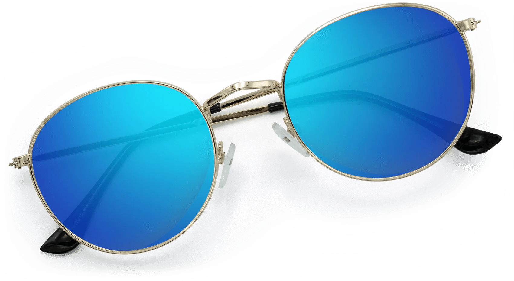 Round sunglasses with blue reflective lenses on a white background