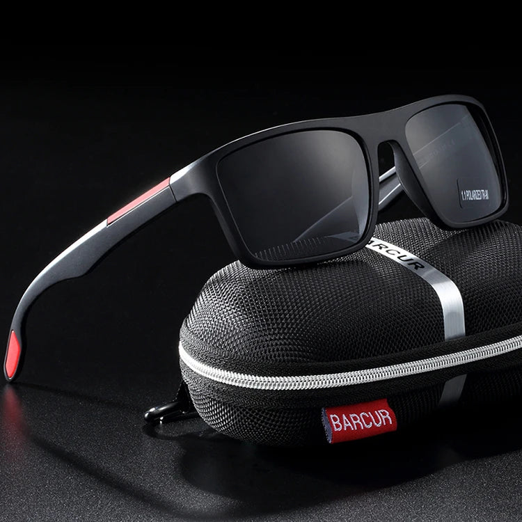 Stevvex BARCUR TR90 ultralight polarized UV400 sunglasses with black frames and tinted lenses, designed for outdoor sun protection.
