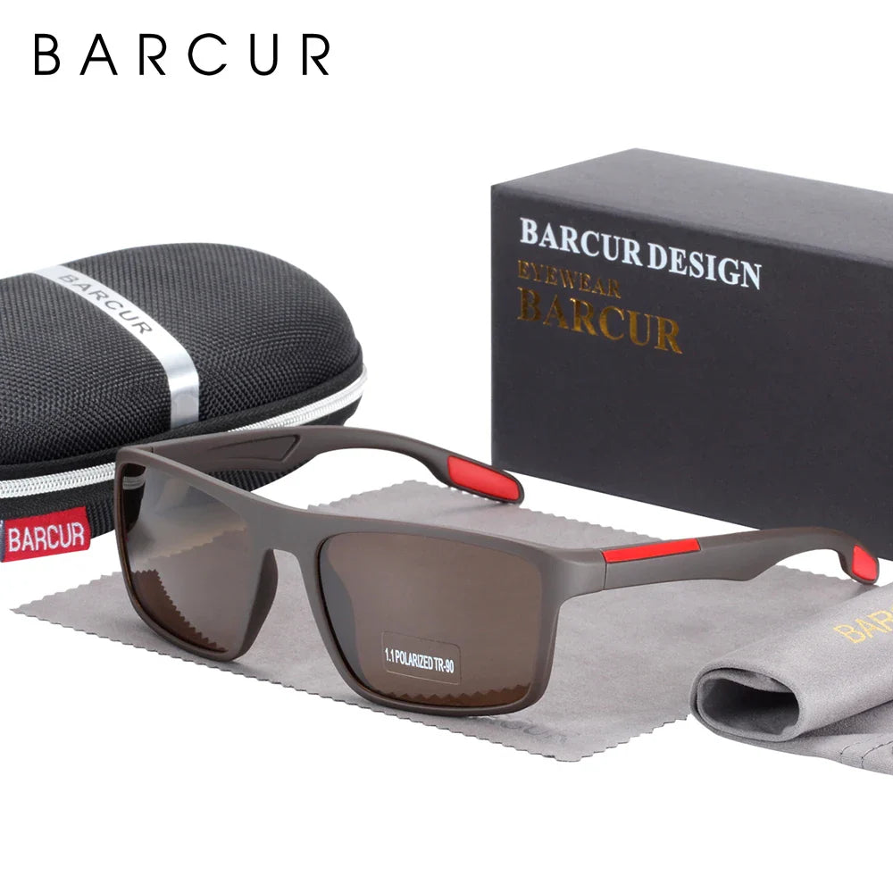 Stevvex BARCUR TR90 ultralight polarized UV400 sunglasses with sleek black frames and tinted lenses for sun protection.