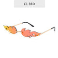 Fashion rimless fire flame sunglasses for women by Stevvex, featuring bold flame-shaped lenses and sleek design.