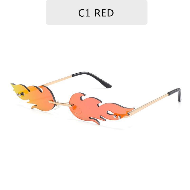 Fashion rimless fire flame sunglasses for women by Stevvex, featuring bold flame-shaped lenses and sleek design.