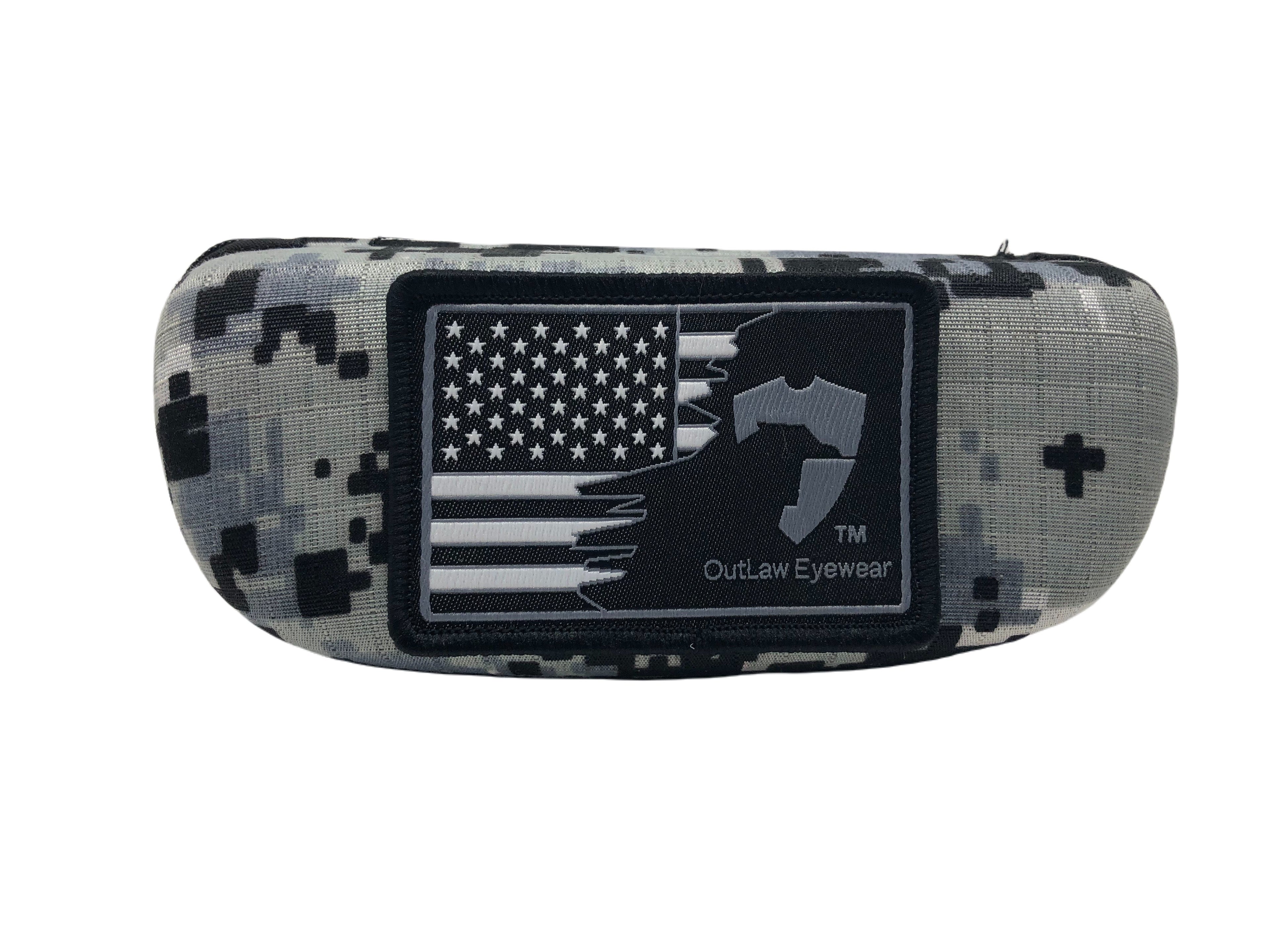 OutLaw Eyewear Camo MoLLE sunglass case with retaining cord, designed for protecting and carrying eyewear accessories.