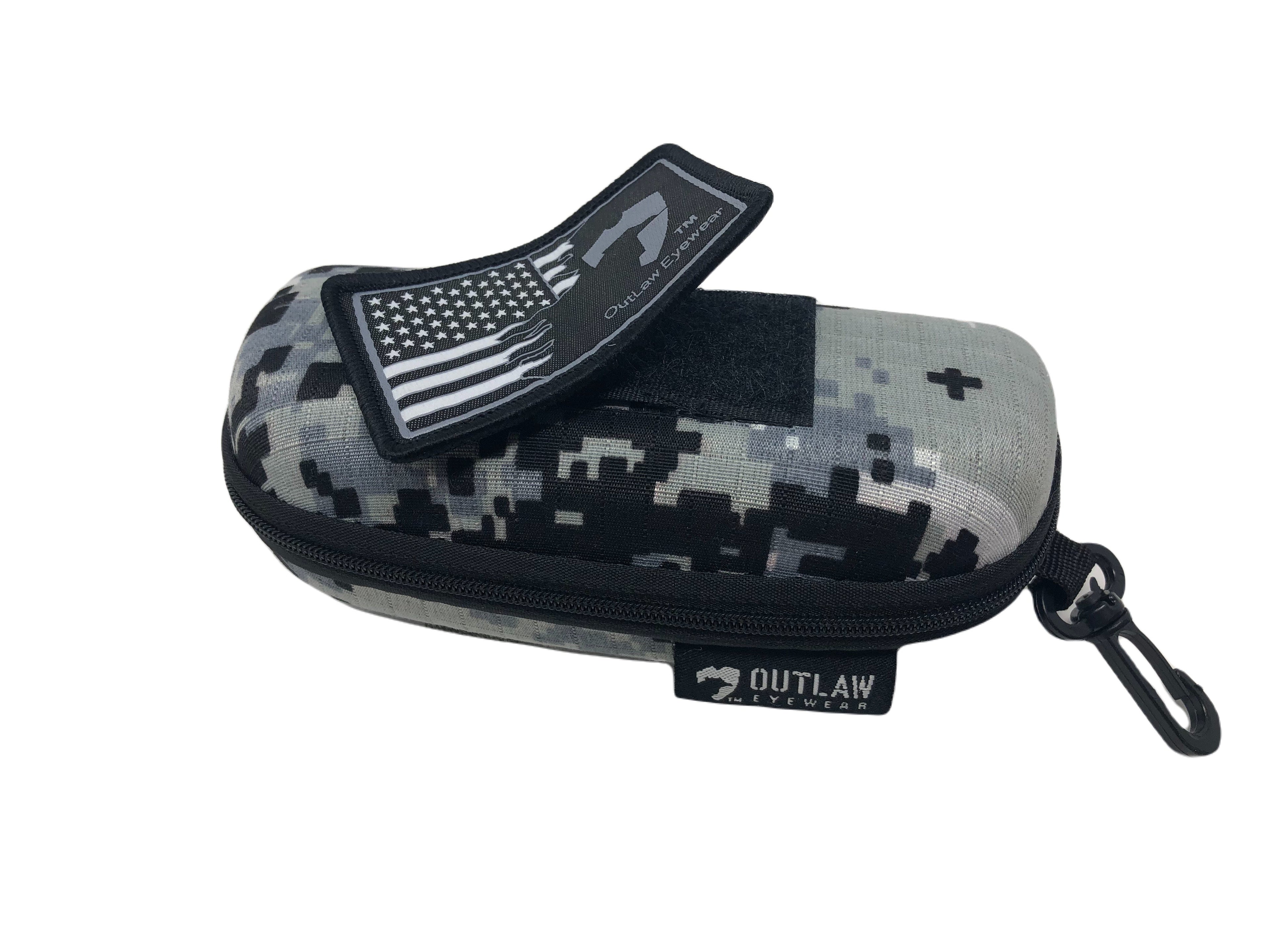 OutLaw Eyewear retaining cord and camo MoLLE sunglass case for eyewear protection and style, shown in the image.