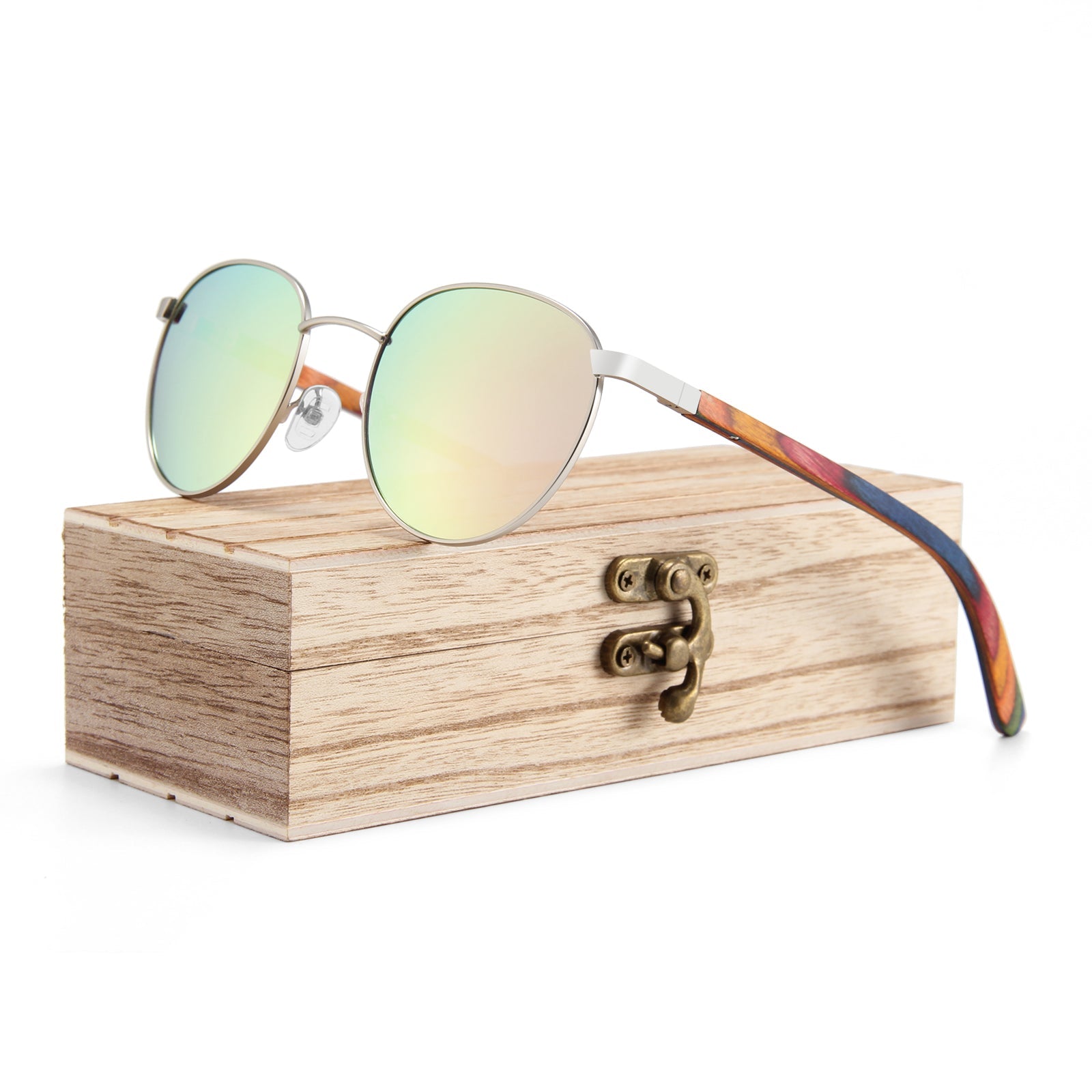 Handmade Papago Peacock Onofres sunglasses with recycled wooden frames and stylish design, shown in the image.