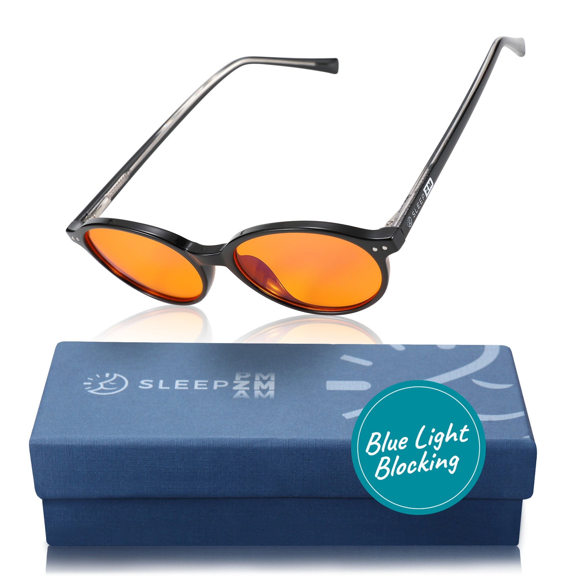 Night-time Ivy Blue Light Blocking Glasses in black with orange-tinted lenses by Sleep ZM, designed to reduce blue light exposure.