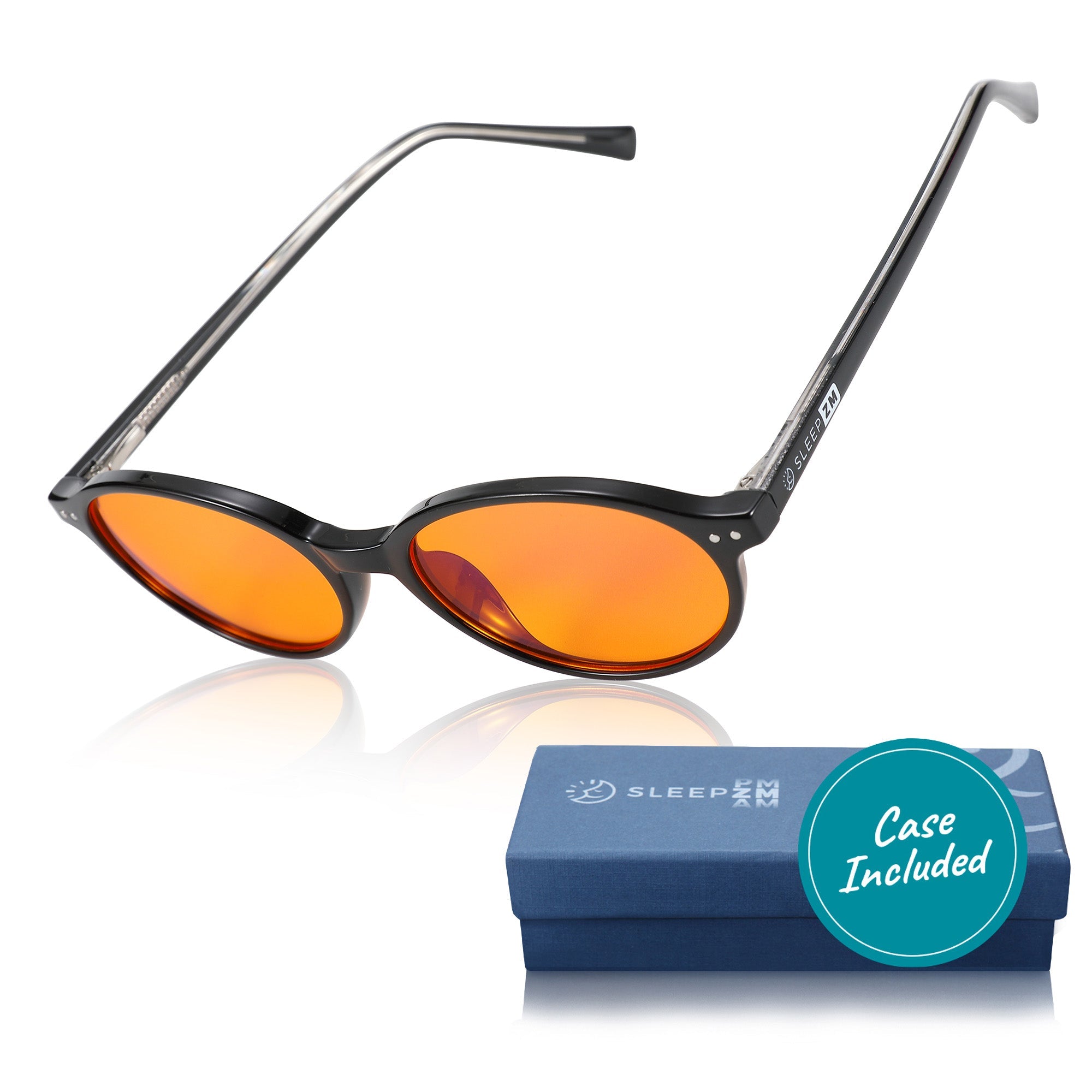 Black night-time Ivy Blue Light Blocking Glasses by Sleep ZM with orange-tinted lenses for reducing blue light exposure.