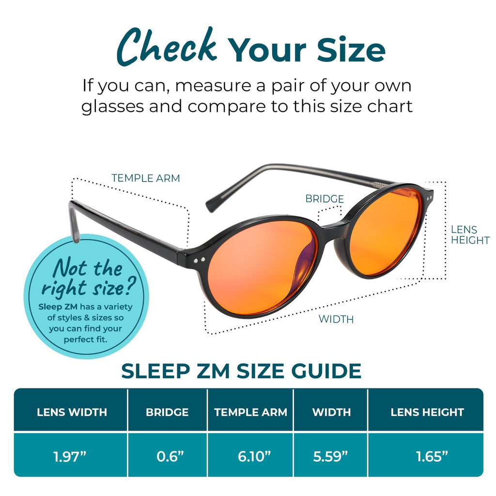 Blue Light Glasses by Sleep ZM with Ivy Blue light blocking glasses in black, featuring orange lenses, displayed on size chart.