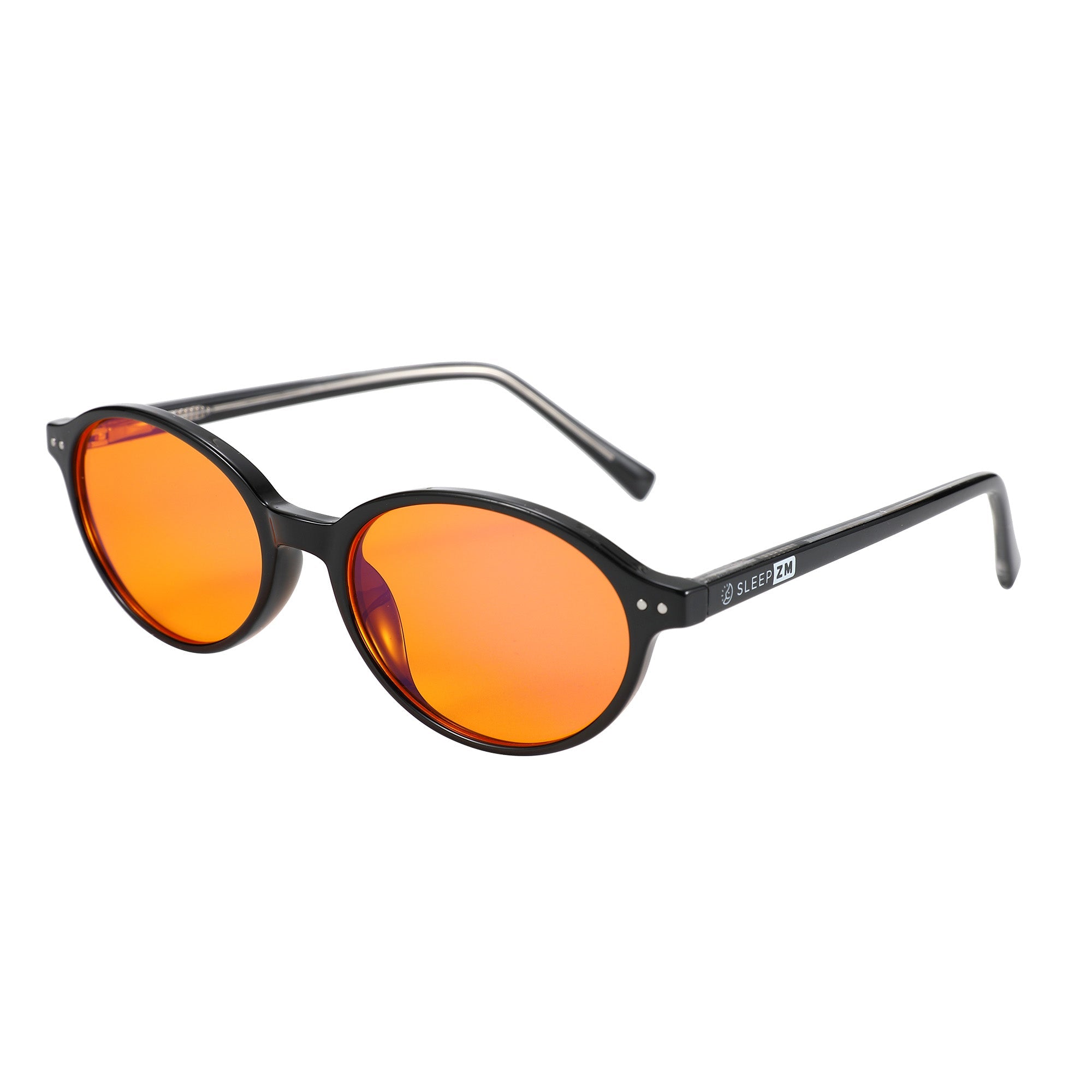 Night-time Ivy Blue Light Blocking Glasses with black frame and orange-tinted lenses by Sleep ZM, designed to reduce blue light exposure.