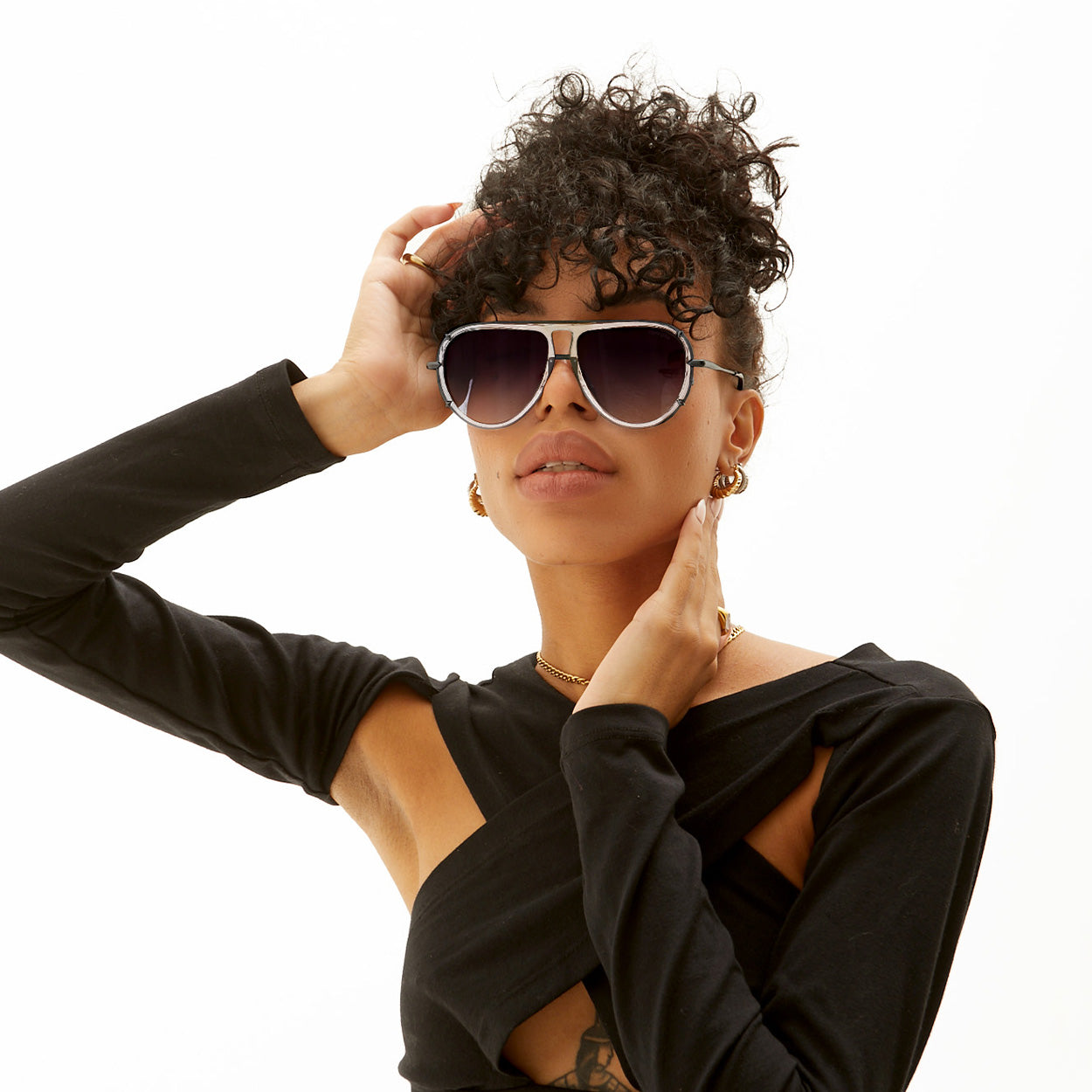 TopFoxx Ivy Luxe Clear Black Tangle-Free Round Aviator Sunglasses
